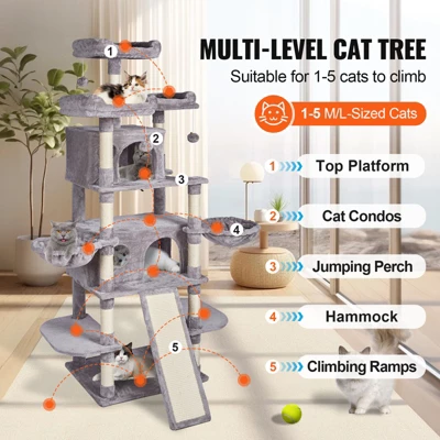 VEVOR Cat Tree For Indoor Cats, 68.5" Cat Tower With 2 Cat Condos, Sisal Scratching Post, Hammocks, Top Perches, Cat Furniture Activity Center 2 VEVOR Cat Tree For Indoor Cats, 68.5" Cat Tower With 2 Cat Condos, Sisal Scratching Post, Hammocks, Top Perches, Cat Furniture Activity Center - Image 2