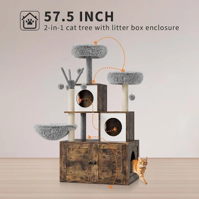 Hidden Litter Box Enclosure With Large Cat Tree 57.5 Inch 2-in-1 Modern Multi-Level Pussy Tower Condo Toilet Furniture 2 Hidden Litter Box Enclosure With Large Cat Tree 57.5 Inch 2-in-1 Modern Multi-Level Pussy Tower Condo Toilet Furniture - Image 2