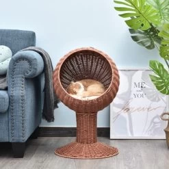 Gulches' Brown Raised Cat Bed In Wicker Weave, Equipped With Scratching Spot & Cushion