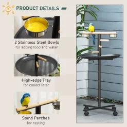 PawHut Bird Play Stand, Portable Parrot Perch, Bird Feeder Station, With Four Wheels, Stainless Steel Feeding Bowls, Round Tray, Grey -BlueBuffalo Sales Store GUEST b45bd577 9d2d 4870 8fa1 a8fad8f017f1