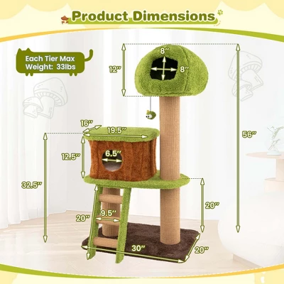 Costway 56" Tall Cat Tower With Mushroom-shaped Nest Condo Climbing Ladder Teasing Ball 2 Costway 56" Tall Cat Tower With Mushroom-shaped Nest Condo Climbing Ladder Teasing Ball - Image 2