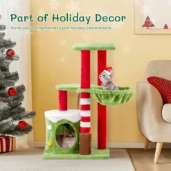 Phiestina 32in Cat Scratching Posts Tower, Christmas Themed Plush Cat Tree With Hammock, Cat Massage Brush, Activity Center For Indoor Cats