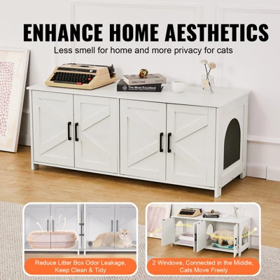 VEVOR Cat Litter Box Enclosure For 2 Cats, Litter Box Furniture Hidden With Double Rooms, Wooden Cat Box Cabinet, 47.2"L X 18.5"W X 19.7"H, White 2 VEVOR Cat Litter Box Enclosure For 2 Cats, Litter Box Furniture Hidden With Double Rooms, Wooden Cat Box Cabinet, 47.2"L X 18.5"W X 19.7"H, White - Image 2