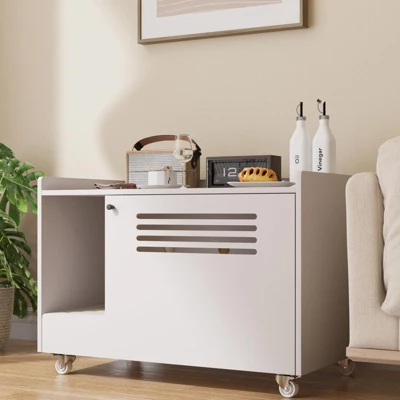 TiramisuBest White Hidden Cat Litter Box Enclosure With Top/Side Fence, Wooden Pet House Side Table For Living Room/Bedroom, Fits Most Litter Boxes 9 TiramisuBest White Hidden Cat Litter Box Enclosure With Top/Side Fence, Wooden Pet House Side Table For Living Room/Bedroom, Fits Most Litter Boxes - Image 9