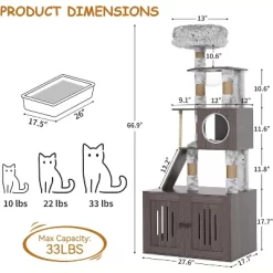 Cat Tree Tower With Litter Box Enclosure 66.9in Condo With Perch & Scratching Posts - Plush Nest, Multi-Tier Play & Rest