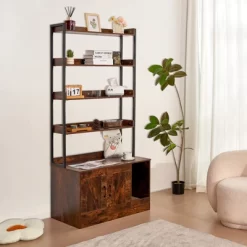 VEVOR Cat Litter Box Enclosure, Hidden Litter Box Furniture With 4 Storage Shelves, Wooden Cat Washroom Indoor, 33.5"L X 19.3"W X 72.3"H, Dark Brown