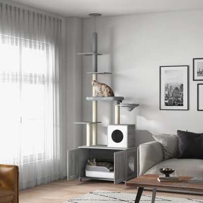 YOOCOZZ PawHut Cat Tree With Litter Box Enclosure, 2 In 1 Floor To Ceiling, With Condo, Bed, Hammock, Scratching Posts And Platforms-Gray 7 YOOCOZZ PawHut Cat Tree With Litter Box Enclosure, 2 In 1 Floor To Ceiling, With Condo, Bed, Hammock, Scratching Posts And Platforms-Gray - Image 7