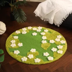 Fairyland™ - Floral Cat Garden Sisal Rug – Round Green Non-Slip Pet & Home Mat With 3D Flowers, Soft Teddy Velvet Accents