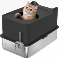 PawHut Stainless Steel Litter Box, High Sided Enclosed Cat Litter Box With Scoop, Top Entrance, Non-slip Pads, Anti-Leakage, Non-Sticky, Black -BlueBuffalo Sales Store GUEST bbe2bd32 5738 4f24 9ead 9cc01e208f7b