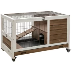 Resenkos Rabbit Enclosure, Indoor Bunny Cage Small Animal House With Pull Out Tray Casters Ramp, Brown