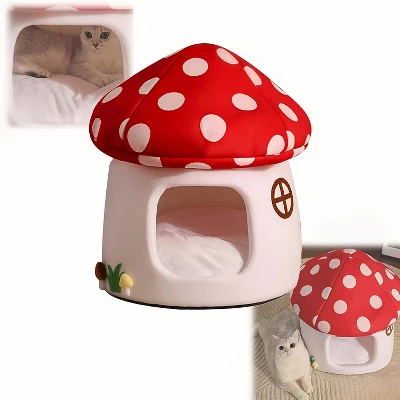 Comfortable Mushroom Cat House - Warm Pet Bed For All Seasons, Semi-enclosed, Classic Style, Easy Assembly, Suitable For All Cats 3 Comfortable Mushroom Cat House - Warm Pet Bed For All Seasons, Semi-enclosed, Classic Style, Easy Assembly, Suitable For All Cats - Image 3