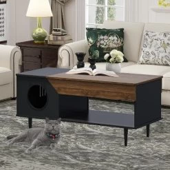 White Wooden Coffee Table 45'', Rustic Living Room Table With Storage Drawer, Hidden Cat House, Multifunctional Pet Litter Box Furniture -BlueBuffalo Sales Store GUEST bed25549 e273 4df4 a3cc aae86c25c0d1