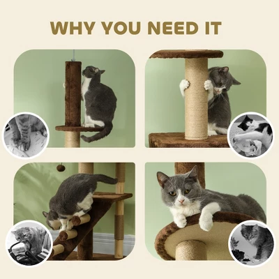 PawHut Floor To Ceiling Cat Tree, Adjustable Height 89"-104" Cat Tower With Cat Condo, Scratching Posts, Perches, 3-Steps, Hanging Ball & Anti-Tip Kit 4 PawHut Floor To Ceiling Cat Tree, Adjustable Height 89"-104" Cat Tower With Cat Condo, Scratching Posts, Perches, 3-Steps, Hanging Ball & Anti-Tip Kit - Image 4