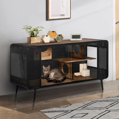 Akoasm 55.12 In. W Spacious Cat House With Tempered Glass For Living Room, Hallway & Study-Black 2 Akoasm 55.12 In. W Spacious Cat House With Tempered Glass For Living Room, Hallway & Study-Black - Image 2