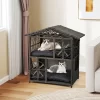 Tangkula Outdoor Rattan Cat House 2-Tier Wicker Windows Removable Cushions Large Entrance