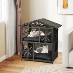 Tangkula Outdoor Rattan Cat House 2-Tier Wicker Windows Removable Cushions Large Entrance