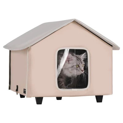 VEVOR Elevated Heated Cat House, Outdoor Kitty Shelter With Adjustable Temperature And Timer, 600D Oxford Cloth Foldable Cat Shelter, Brown (Middle) 9 VEVOR Elevated Heated Cat House, Outdoor Kitty Shelter With Adjustable Temperature And Timer, 600D Oxford Cloth Foldable Cat Shelter, Brown (Middle) - Image 9