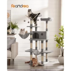 FEANDREA Cat Tree, Large Cat Tower, 64.6 Inches, Cat Activity Center With Hammock, Basket, Removable Fur Ball Sticks, Cat Condo