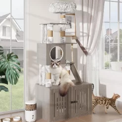 Modern Cat Tree With Litter Box Enclosure And Large Platform, All-in-One Cat Furniture With Space Capsule，Food Station And Hammocks, Gray -BlueBuffalo Sales Store GUEST c4f15557 cbaa 46ea acdd 15aa5c210a9f