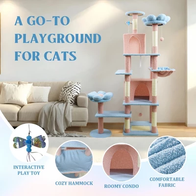 Lirago 71" Blue Flower Cat Tree With Large Cat Condo Removable Flower Cushion Hammock Scratching Posts 2 Lirago 71" Blue Flower Cat Tree With Large Cat Condo Removable Flower Cushion Hammock Scratching Posts - Image 2