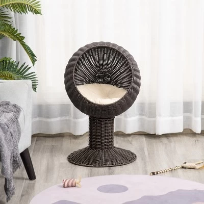 PawHut 27" Hooded Wicker Elevated Cat Bed Rattan Kitten Condo Round With Cushion 4 PawHut 27" Hooded Wicker Elevated Cat Bed Rattan Kitten Condo Round With Cushion - Image 4