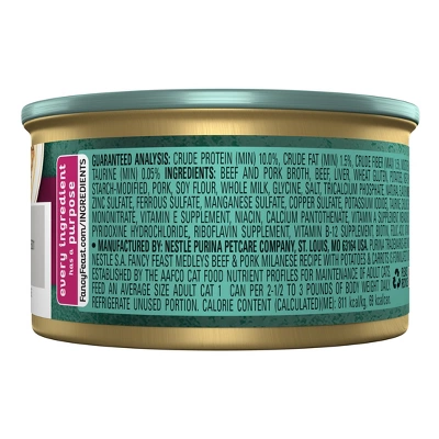 Fancy Feast Medleys Milk-Braised Beef And Pork Milanese With Carrots And Potatoes In Savory Juices Wet Cat Food - 3oz 1 Fancy Feast Medleys Milk-Braised Beef And Pork Milanese With Carrots And Potatoes In Savory Juices Wet Cat Food - 3oz