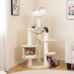 Tangkula 52" Tall Wooden Cat Tree W/Condo Perch Space Capsule Scratching Posts
