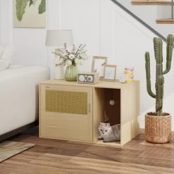 PawHut Boho Style Cat Litter Box Enclosure With Rattan Door, Scratching Mat, Non-slip Foot Pads, Cat Litter Funiture End Side Table, 31.5" X 20" X 20"