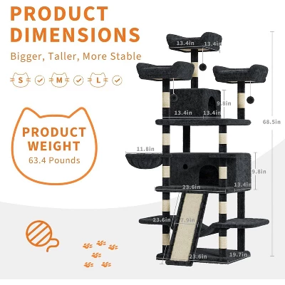 68.5in Tall Indoor Cat Tree For Large Cats, Upgraded Heavy Duty Cat Tower With Scratching Posts/Condo/Plush Perches/Hammocks/Dangling Balls 1 68.5in Tall Indoor Cat Tree For Large Cats, Upgraded Heavy Duty Cat Tower With Scratching Posts/Condo/Plush Perches/Hammocks/Dangling Balls