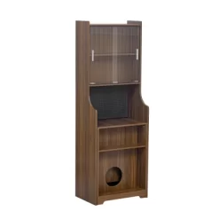 Akoasm 54.3 In. W Modern Retro Multi-Purpose Cabinet With Cat Scratching Board Bed And Extendable Table Top-Dark Brown