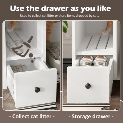 JUJABU Indoor Hidden Cat Litter Box Furniture With 2 Drawers & Door, Cat House End Table For Living Room - White & Brown 4 JUJABU Indoor Hidden Cat Litter Box Furniture With 2 Drawers & Door, Cat House End Table For Living Room - White & Brown - Image 4