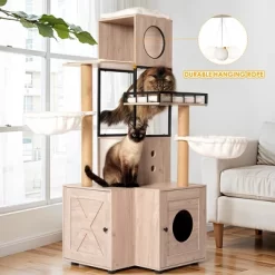 Whisen Cat Tree & Cat Bed With Litter Box Enclosure, Scratching Post, Cat Teaser Ball, Anti-Slip Mat - White+Gray -BlueBuffalo Sales Store GUEST c94b4d17 8356 4a08 bf9c 982d51acb06b