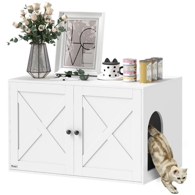 PawHut Cat Litter Box Enclosure, Hidden Litter Box Furniture With Barn Door, Cat Hole, End Side Table, 31.5" X 21" X 20", White 6 PawHut Cat Litter Box Enclosure, Hidden Litter Box Furniture With Barn Door, Cat Hole, End Side Table, 31.5" X 21" X 20", White - Image 6