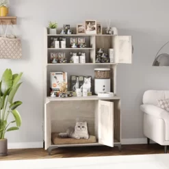 Large Cat Litter Box Enclosure Furniture - Farmhouse Style Pet House With 3 Open Shelves, Storage Cabinet & Scratch Pad - Modern Wood End Table -BlueBuffalo Sales Store GUEST caf91de7 b4c3 4323 b3d9 ed0e2c30c3db 1