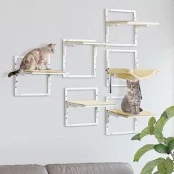 Multipet 6-pcs Modern Cat Wall Shelves For Indoor Cats, Height Adjustable Jumping Platforms & Cat Hammock