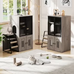 Double Cat Litter Box Fence With Ladder, Double Cat House With Storage Space, Enclosed Litter Box Furniture, Gray -BlueBuffalo Sales Store GUEST ce0912ec 90db 4716 b729 f64769107c69