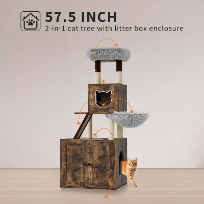 59-Inch Tall Modern Cat Tree With Hidden Litter Box Enclosure – 2-in-1 Cat Tower With Wood House, Scratching Posts, Caves & Washable Cushions 5 59-Inch Tall Modern Cat Tree With Hidden Litter Box Enclosure – 2-in-1 Cat Tower With Wood House, Scratching Posts, Caves & Washable Cushions - Image 5