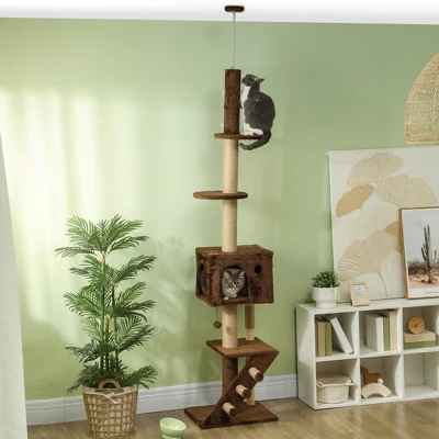 PawHut Floor To Ceiling Cat Tree, Adjustable Height 89"-104" Cat Tower With Cat Condo, Scratching Posts, Perches, 3-Steps, Hanging Ball & Anti-Tip Kit 2 PawHut Floor To Ceiling Cat Tree, Adjustable Height 89"-104" Cat Tower With Cat Condo, Scratching Posts, Perches, 3-Steps, Hanging Ball & Anti-Tip Kit - Image 2