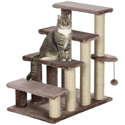 PawHut 4 Levels Cat Steps, Pet Stairs Carpeted Ladder, Kitten Tree Climber With Scratching Posts, Hanging Play Ball, Side Step, Brown 6 PawHut 4 Levels Cat Steps, Pet Stairs Carpeted Ladder, Kitten Tree Climber With Scratching Posts, Hanging Play Ball, Side Step, Brown - Image 6