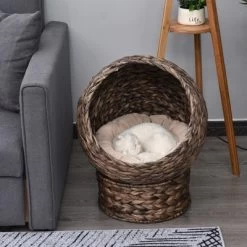 Handwoven Elevated Cat Bed With Soft Cushion & Cat Egg Chair Shape, Cat Basket Bed Kitty House With Stand,Cat Bed For Indoor Cats, 23.5in H