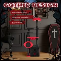 Angel Sar 53" Gothic Cat Tree With Condo, Hammock & Perch, Large Cat Tower With Scratching Posts And Spider Toy For Indoor Cats, Red & Black