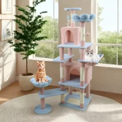 Lirago 71" Blue Flower Cat Tree With Large Cat Condo Removable Flower Cushion Hammock Scratching Posts