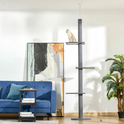 YOOCOZZ PawHut Floor-to-Ceiling Cat Tree, With Sisal-Covered Scratching Posts Natural Cat Tree Tower Furniture-Gray 6 YOOCOZZ PawHut Floor-to-Ceiling Cat Tree, With Sisal-Covered Scratching Posts Natural Cat Tree Tower Furniture-Gray - Image 6