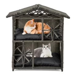 Tangkula Outdoor Rattan Cat House 2-Tier Wicker Windows Removable Cushions Large Entrance -BlueBuffalo Sales Store GUEST d31647bb 2b14 44af 91bb 878b5d8a1a95