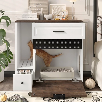 JUJABU Indoor Hidden Cat Litter Box Furniture With 2 Drawers & Door, Cat House End Table For Living Room - White & Brown 2 JUJABU Indoor Hidden Cat Litter Box Furniture With 2 Drawers & Door, Cat House End Table For Living Room - White & Brown - Image 2