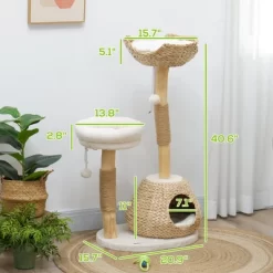 SKYONE 37 Inch Cream White Cat Tree With Solid Wood Scratching Posts, Cattail Bed, Washable -BlueBuffalo Sales Store GUEST d7dcdef6 2111 4721 8c94 ba52113a7424