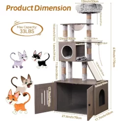 Modern Cat Tree With Litter Box Enclosure And Large Platform, All-in-One Cat Furniture With Space Capsule,Food Station And Hammocks, Gray