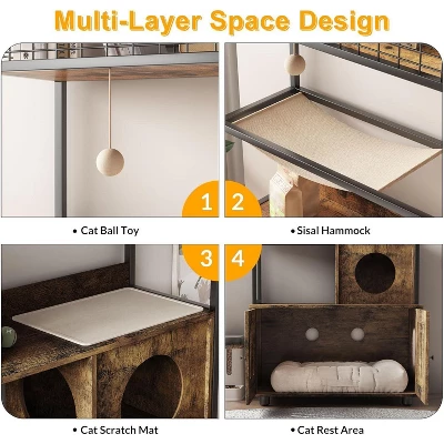 Acekool Metal Frame Cat Litter Box Enclosure With Storage Shelf And Play Features, Retro Brown 2 Acekool Metal Frame Cat Litter Box Enclosure With Storage Shelf And Play Features, Retro Brown - Image 2