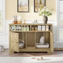 Bella Depot 47''W Cat Litter Box Enclosure Furniture, Double Hidden Litter Box Furniture Cat Washroom, Farmhouse Indoor Cat House End Table