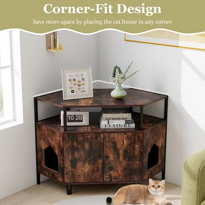 Tangkula Corner Cat Litter Box Enclosure End Table W/ Open Shelf 2 Entries Double Doors Rustic Brown 4 Tangkula Corner Cat Litter Box Enclosure End Table W/ Open Shelf 2 Entries Double Doors Rustic Brown - Image 4